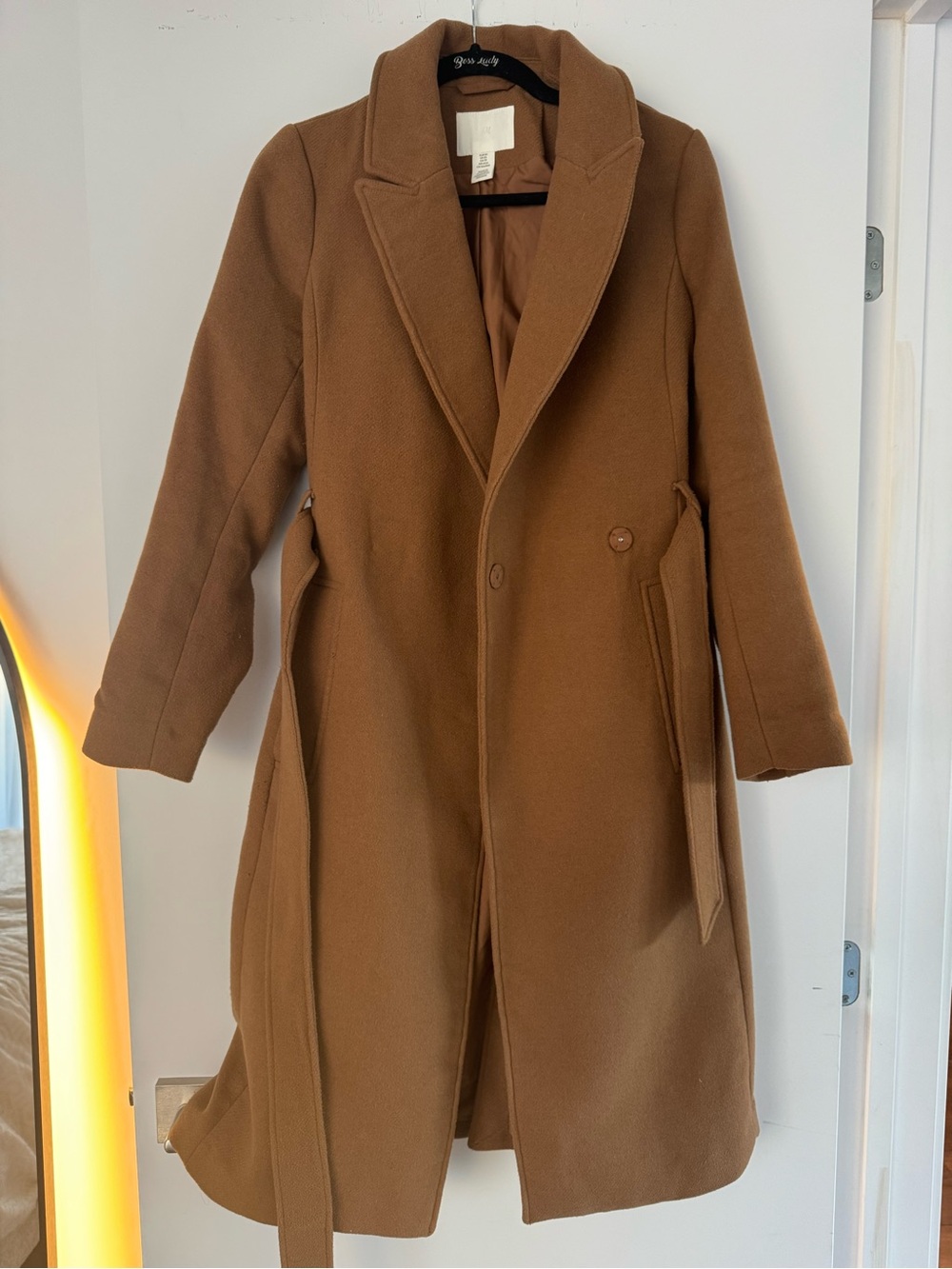 H&M Long Camel Coat – Size XS / EUR 34 – Belted Wool Look